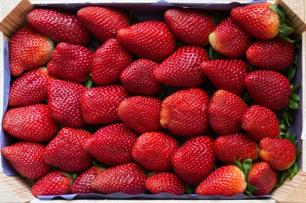Färska jordgubbar i trä i rutan Visa från ovan — Stockfoto