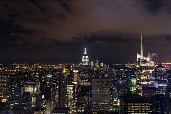 Manhattan cityscape with skyscrapers at night, New York City (aerial view
)