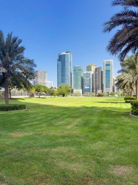 Sharjah, BAE - 8 Kasım 2025. Al Majaz Rıhtımı, geniş çimenli aile eğlencesi için ideal, açık alanlı aile ortamı, açık alanlı rahat aile anları.