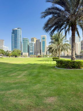 Sharjah, BAE - 8 Kasım 2025. Al Majaz Rıhtımı 'nın yeşil parkı, açık çimenleri, palmiye ağaçları ve yükselen modern kuleleri, bu Sharjah bölgesinin güzelliğini ve enerjisini ön plana çıkarıyor.