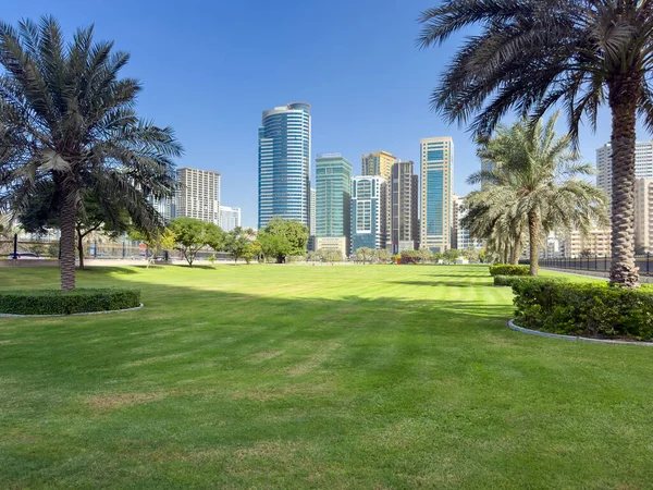 Sharjah, BAE - 8 Kasım 2025. Al Majaz Rıhtımı, geniş çimenli aile eğlencesi için ideal, açık alanlı aile ortamı, açık alanlı rahat aile anları.