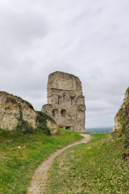 Fransa 'nın Les Andelys kentindeki Şato Gaillard harabelerinin ilkbaharın başlarında tepe boyunca uzanan taş kale, manzaraya geri dönen yumuşak yeşil tonlar, sakin tarihi ruh hali.