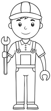 Dost canlısı bir karikatür teknisyeni, tulumlu ve kasklı, iki anahtar tutuyor. Bu resim, çeşitli projeler için uygun nitelikli ticareti, oto tamirciliği ve çalışkan çalışmayı temsil ediyor..