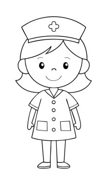 Dost canlısı hemşire bir karakterin şapka ve üniforma giymiş hoş bir taslak çizimi. Boyama sayfaları, eğitim materyalleri ya da sağlık çalışanlarına şükranlarını sunmak için mükemmel..