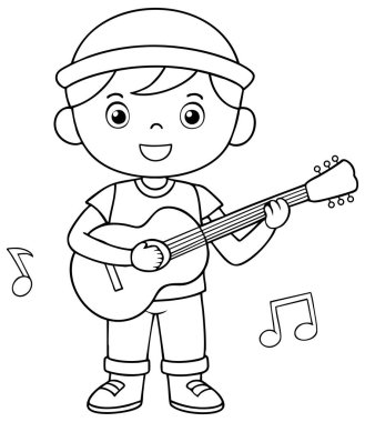 Müzik notalarıyla çevrili gitarlı neşeli bir çocuğun büyüleyici bir çizimi. Boyama sayfaları ve çocuk müzik eğitimi materyalleri için mükemmel.