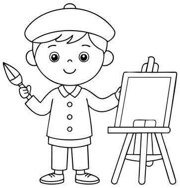 Bere takan mutlu bir çocuk sanatçı elinde fırça ve sehpayla ayakta duruyor. Bu büyüleyici taslak resim boyama sayfaları ve yaratıcı projeler için mükemmeldir..