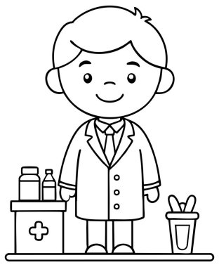 İlaç şişeleri ve çöp kutusuyla tezgahın yanında duran dost canlısı bir eczacının eğitici ve eğlenceli kullanım için mükemmel bir tasviri..