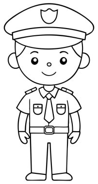 Dost canlısı bir polis memurunun sevimli çizgileri. Çocukların boyama sayfaları için mükemmel, toplum yardımcılarını öğretmek, veya yaratıcı sanat projeleri için..