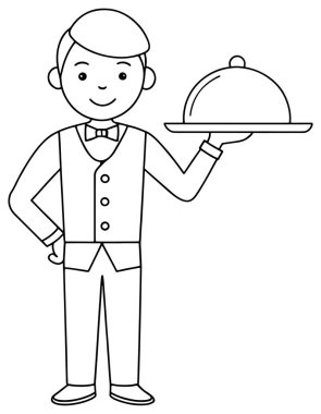 Garson kılığında neşeli bir çizgi film karakteri örtülü bir tabak sunar. Bu basit çizgi çizimi çeşitli görsel projelerde servis ve yemek deneyimlerini iletmek için mükemmeldir..