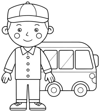 Neşeli bir karikatür otobüs şoförü bu güzel renkli sayfada basit bir minibüsün yanında duruyor. Genç sanatçıların canlı renklerle ve yaratıcı hikayelerle hayata dönmeleri için mükemmel..