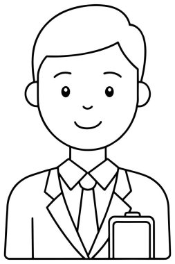 Çekici, el çizimi bir portrede profesyonel giyimli, kravat ve takım elbiseli, elinde bir pano tutan bir adam var. Bu basit çizgi sanatı çeşitli tasarım ihtiyaçları için mükemmeldir..