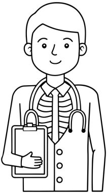 Gülümseyen bir erkek doktor hastalara yardım etmeye hazır. Steteskop takıyor ve elinde tıbbi alanda uzmanlığı ve özeni simgeleyen bir dosya tutuyor..