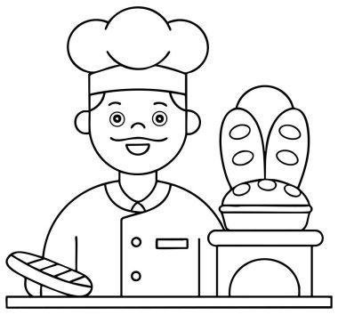 Çocuklar için yemek pişirme ve mutfak boyama sayfalarıyla çocuklara pişirme, yaratıcılık ve mutfak eğlencesi sunan dost canlısı fırıncı karakteri çizimi.