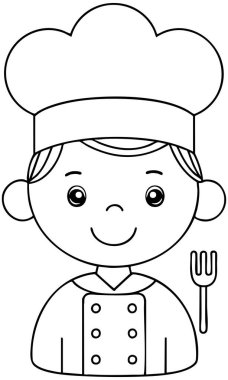 Küçük çizgi film şefi çatal tutarak lezzetli yemekler ve aile yemeği çizimleri yapmaya hazır.