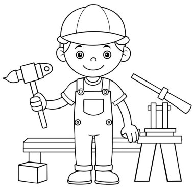 Yaratıcı inşaat projelerine hazır çekiç ve aletlerle dost canlısı çizgi film yapımcısı çizimi