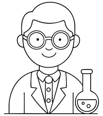 Gözlüklü ve şişeli gülümseyen bilim adamı çizimi laboratuvar yeniliği ve keşfi için mükemmel.
