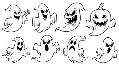 Bu resim sekiz farklı çizgi film karakterini gösteriyor. Siyah beyaz çizgi sanatı, Cadılar Bayramı teması için mükemmel. Hayaletler çeşitli duygular sergilerler. Mutlu, dost canlısı, korkutucu ve tehditkar. Bir karakter arzusu da dahil.