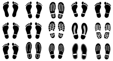 Bu resim, temiz beyaz bir arkaplanda siyah siluet olarak gösterilen çeşitli insan ayak izleri ve ayakkabı taban izlerinin kapsamlı bir koleksiyonunu içermektedir. Koleksiyonda, çıplak ayaktan çeşitli s 'lere kadar farklı izlenim türleri yer alıyor.