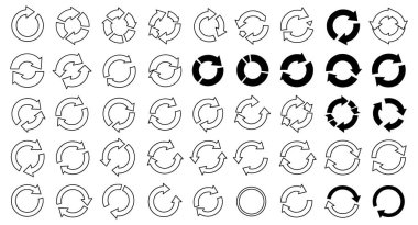 Bu resim, ızgara biçiminde sunulan döngüye bağlı simgelerin kapsamlı bir koleksiyonunu gösterir. Semboller geri dönüşüm, ferahlatıcı, yeniden yükleme veya sürekli süreçler gibi kavramları temsil etmektedir. Koleksiyonda çok sayıda tasarım varyasyonu yer almaktadır