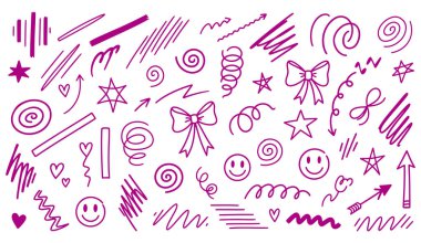 Bu resim, el yapımı karalama elementlerinin temiz beyaz bir arkaplan boyunca rastgele dağılmış canlı bir koleksiyonunu gösteriyor. Karalamalar çarpıcı bir mor ya da morumsu renkte yapılmış ve çeşitli sanatsal ve kaprisli şekiller sergiliyor. Anahtar ele