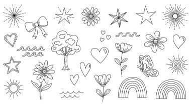 Bu resim, beyaz bir arkaplana karşı siyah çizgili sanat tarzında basit, elde çizilmiş vektör elementlerinden oluşan büyüleyici bir koleksiyon sunuyor. Karalamalarda çeşitli semboller ve kalpler, farklı yıldız stilleri, ışınlı güneşler gibi doğa temalı nesneler yer alıyor.,