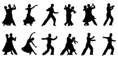 Bir vektör illüstrasyonunda on iki çeşit siyah dans silueti temiz beyaz arka planda sergileniyor. Siluetler iki sıra halinde dizilir ve hem erkek hem de kadın dansçıları dinamik pozlarda tasvir ederler. Koleksiyon resimlerini içerir