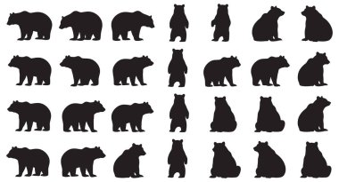 Bu resim, beyaz bir zemine karşı çeşitli pozlarda birden fazla ayı siluetinin yer aldığı bir ızgara deseni gösterir. Siyah siluetler dört ayak üzerinde yürüyen ayıları tasvir eder, arka ayakları üzerinde dik durur ve otururlar. Düzenleme.