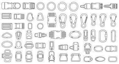 Bu vektör illüstrasyonunda genellikle kayışlar ve aksesuarlar için kullanılan çeşitli donanım tiplerini temsil eden geniş bir taslak simge koleksiyonu yer almaktadır. Yan tokaların farklı tasarımları, hızlı açma tokaları var.