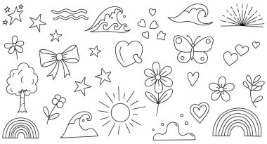 Beyaz arkaplan üzerine düzenlenmiş basit siyah beyaz çizgi karalamalarından oluşan bir koleksiyon. Bu elementler güneş, yıldızlar, bulutlar, dalgalar, çiçekler, bir ağaç, bir gökkuşağı ve bir kelebek gibi doğa temalı nesneleri içerir. Diğer yaygın şekil