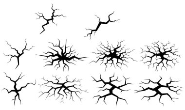 Temiz beyaz arka plana karşı siyah siluet olarak oluşturulmuş çeşitli çatlak desenleri koleksiyonu. Set, basit doğrusal kırıklardan karmaşık, yıldız patlaması benzeri dallanma çatlaklarına kadar çeşitli tasarımları içeriyor. Bu vektörler kullanım için idealdir