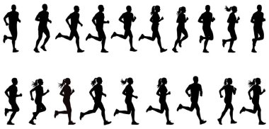 Beyaz arka planda koşan siyah siluetlerin tam vücut görüntüsü. Görüntü, hem erkek hem de kadın koşucuları, ilk itiş-kakıştan, havada süspansiyonlara kadar, adımlarının çeşitli aşamalarında gösteriyor. Bu da süreklilik hissi yaratıyor.