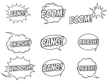 Çeşitli konuşma baloncukları ve görsel efekt şekillerinde sunulan siyah beyaz çizgi roman efektleri veya onomatopoeia koleksiyonu. İllüstrasyonda 
