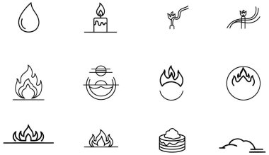 Çeşitli temel elementler ve enerji ile ilgili sembollerden oluşan minimalist bir siyah beyaz çizgi resim seti. Simgeler arasında bir su damlası, yanan bir mum, farklı formlardaki alevler (temel yangın, gaz ocağı ateşi, köknar) yer alıyor.