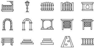 Açık alanlar, bahçeler ve parklarda bulunan çeşitli elementleri temsil eden geniş bir çizgi simgesi koleksiyonu. Sette bir park bankı, farklı çit ve kapı stilleri, bahçe kemerleri, bir sokak lambası, küçük bir köpek kulübesi gibi eşyalar yer alıyor.