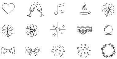 Partiler, özel durumlar ve iyi talihle ilgili sembollerin yer aldığı bir şebekeye yerleştirilmiş temiz ve minimalist bir taslak ikon koleksiyonu. İkonlar arasında bir kalp, şampanya flütleri, bir nota, yanan bir mum, dört yapraklı yoncalar,