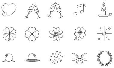 Beyaz zemin üzerinde sunulan 15 minimalist çizgi resim ikonu koleksiyonu, beş satırlık üç sıra halinde düzenlenmiştir. Simgeler, kutlama, doğa ve basit dekoratif öğeler gibi çeşitli temaları temsil ediyor. Üst satırda h gibi semboller var