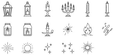 Bu resim, çeşitli ışık ve aydınlatma kaynaklarını tasvir eden bir dizi siyah beyaz çizgi sanat simgesini göstermektedir. Simgeler arasında standlardaki tek bir mum, çok dallı bir şamdan ve mumlar gibi farklı türde mumlar ve tutucular yer alıyor.