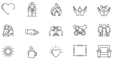 Bir ızgarada dizilmiş on beş çizgi resim ikonundan oluşan bir vektör çizimi. İkonlar, insan ilişkileri, bakım, rahatlık ve refahı ile ilgili çeşitli kavramları sembolize ediyor. Özel semboller arasında bir kalp çizgisi, kucaklaşan bir çift, eller...