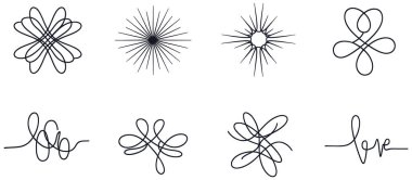 Bu resim beyaz zemin üzerinde düzenlenmiş sekiz farklı sürekli sanat tasarımı sunar. Koleksiyonda dekoratif süslemeler, soyut döngüler ve ışık saçan çizgilere sahip iki farklı güneş patlaması sembolü gibi çeşitli unsurlar yer alıyor..