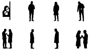 Temiz beyaz bir arkaplan karşısında sekiz tane yüksek kontrastlı siyah siluet. Görüntü, ayakta duran bireyler, konuşan bir çift, duvarın arkasından gözetleyen iki kadın ve bir erkek de dahil olmak üzere farklı duruş ve etkileşimleri gösteriyor.