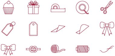 Bu resim, genellikle hediye paketleme, el işi ve kutlamalarda kullanılan öğeleri temsil eden beyaz bir arkaplanda bir dizi basit taslak simgeleri gösterir. Koleksiyonda kek, paketlenmiş hediye kutusu, farklı tipte o gibi çeşitli elementler yer alıyor.