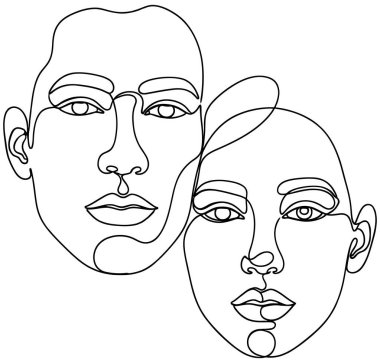 Bu aralıksız çizgili sanat illüstrasyonunda iki yüzün minimalist bir portresi sergilenmektedir, bir erkek ve bir kadın, tek bir kırılmaz çizgiyle iç içe geçmiştir. Üst üste binen rakamlar aralarında derin bir bağ, birlik ya da arkadaşlık olduğunu gösteriyor. Temiz.,