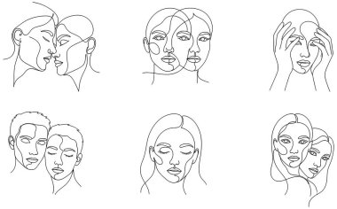 Çeşitli insan duyguları ve ilişkilerini tasvir eden altı minimalist aralıksız sanat çizgisi çizimi koleksiyonu. Çizimlerde, yakınlaşan veya yakınlık gösteren çiftler ve tefekkür eden bireysel yüzler de dahil olmak üzere stilize edilmiş portreler yer alıyor.