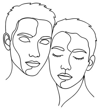 Minimalist sürekli bir çizgi iki yüzü üst üste binen bir kompozisyonda tasvir ediyor. Sanat eseri, her iki bireyin de özelliklerini ve hatlarını özetlemek için tek ve kesintisiz bir çizgi kullanır. Soldaki yüz, açık gözlerle gösteriliyor.