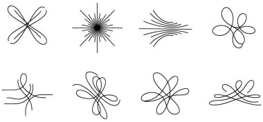 2x4 ızgarada dizayn edilmiş sekiz soyut ve dekoratif tasarım elemanından oluşan bir koleksiyonu gösteren bir resim. Her element, beyaz zemin üzerindeki basit siyah çizgi sanatı kullanılarak, karmaşıklık ve biçim olarak çeşitlendirilir. Tasarımlar simetrik unu içeriyor