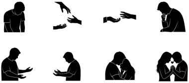 Bu resim, beyaz bir zemin üzerinde insan duygularını ve ilişkilerini gösteren siyah siluet koleksiyonunu içerir. Vignette 'ler, üzüntü, depresyon ya da derin depresiflik gösteren bireysel figürler de dahil olmak üzere, varoluşun farklı durumlarını tasvir eder.