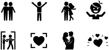 Bu resim, çeşitli insan ilişkilerini ve duygularını temsil eden siyah siluet simgelerini gösterir. Koleksiyonda, iki bireyin bir arada durması arkadaşlığı sembolize ediyor, kolları havada bir kişi