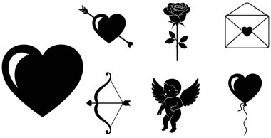 Beyaz arkaplandaki siyah siluet simgelerinden oluşan bir koleksiyon. Aşkın ve Sevgililer Günü 'nün klasik sembollerini temsil ediyorlar. Düzenleme sekiz farklı elementi içeriyor: büyük bir kalp, okla delinmiş bir kalp, tek bir gül, bir aşk mektubu.