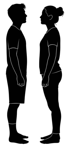 Минималистский силуэт, изображающий мужчину и женщину в боковом профиле. Фигуры стоят лицом друг к другу, изображенные в черном цельном цвете на обычном белом фоне. Тонкие белые линии прослеживают контуры их одежды?