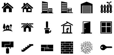 Beyaz arka planda, inşaat, mimari ve gayrimenkul ile ilgili kapsamlı bir siyah siluet ikonu seti yer alıyor. Koleksiyonda tek kişilik evler, çok katlı apartmanlar ve bir ga gibi çeşitli yapı tipleri yer alıyor.